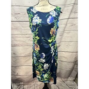 Connected Apparel Womens Floral Sheath Dress Navy Blue Ruched Sleeveless Size 14
